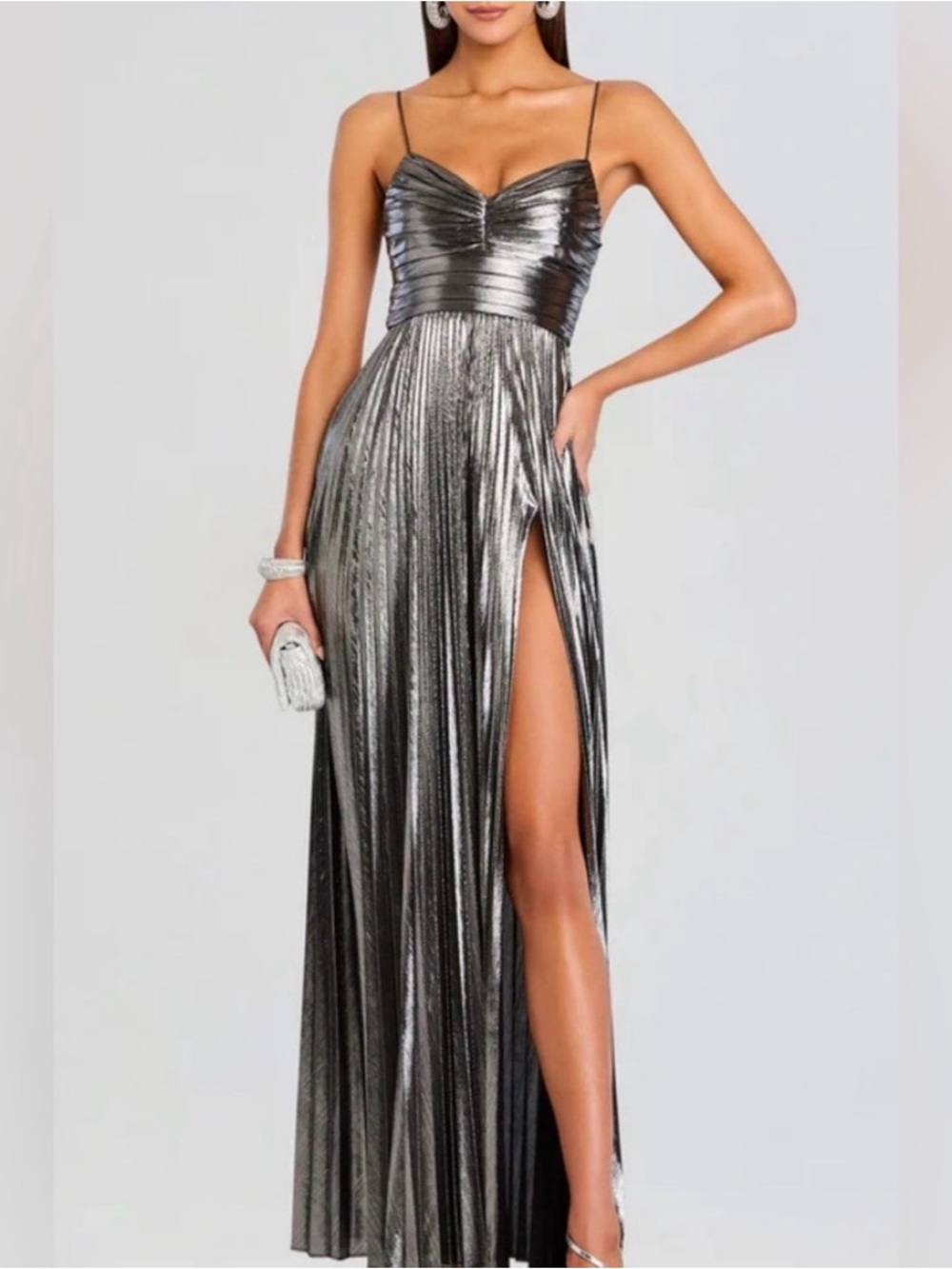 Retrofete cherith  Metallic Silver Pleated Evening Gown with High slit